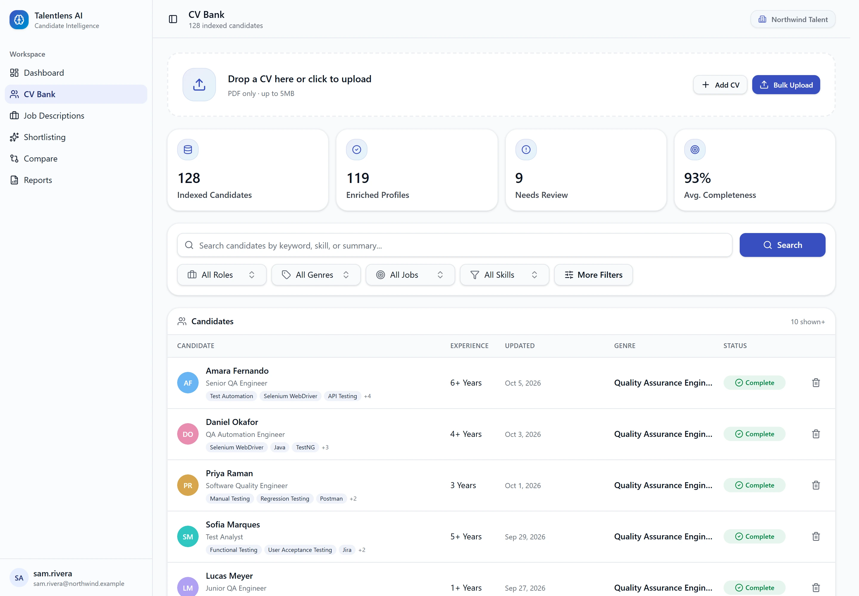 The CV Bank, with the upload area, the stat row, search and filters, and the candidate list