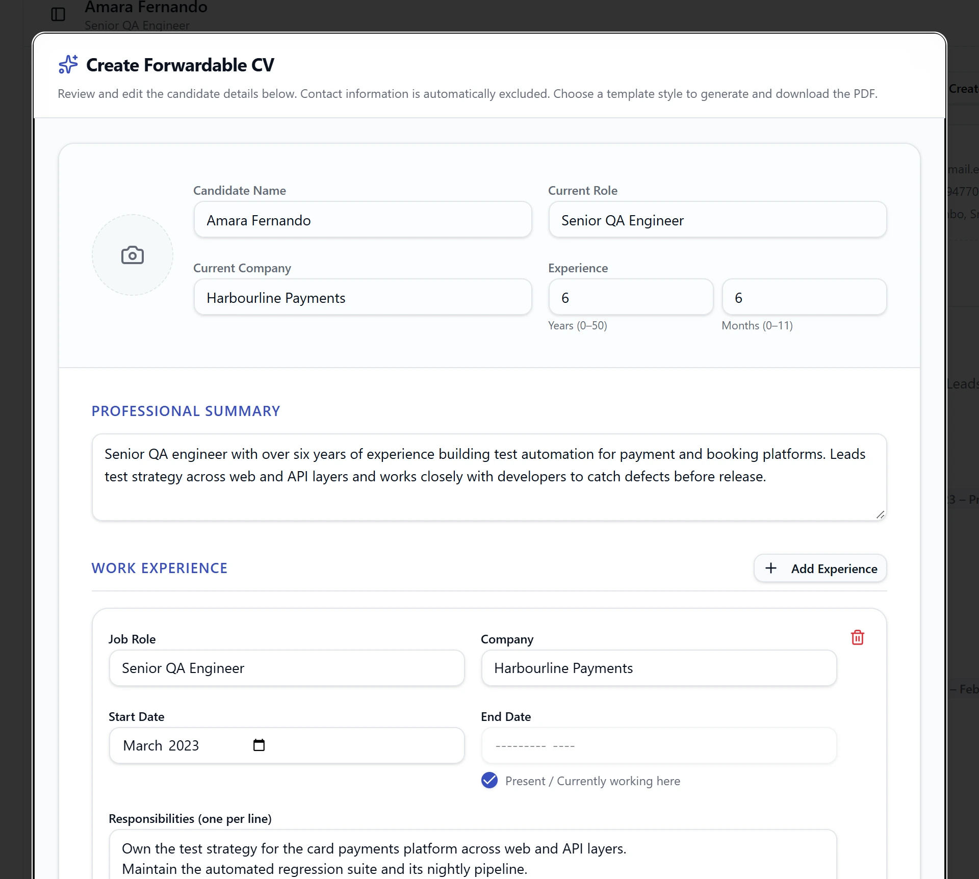 The Create Forwardable CV form, filled in from the candidate's profile