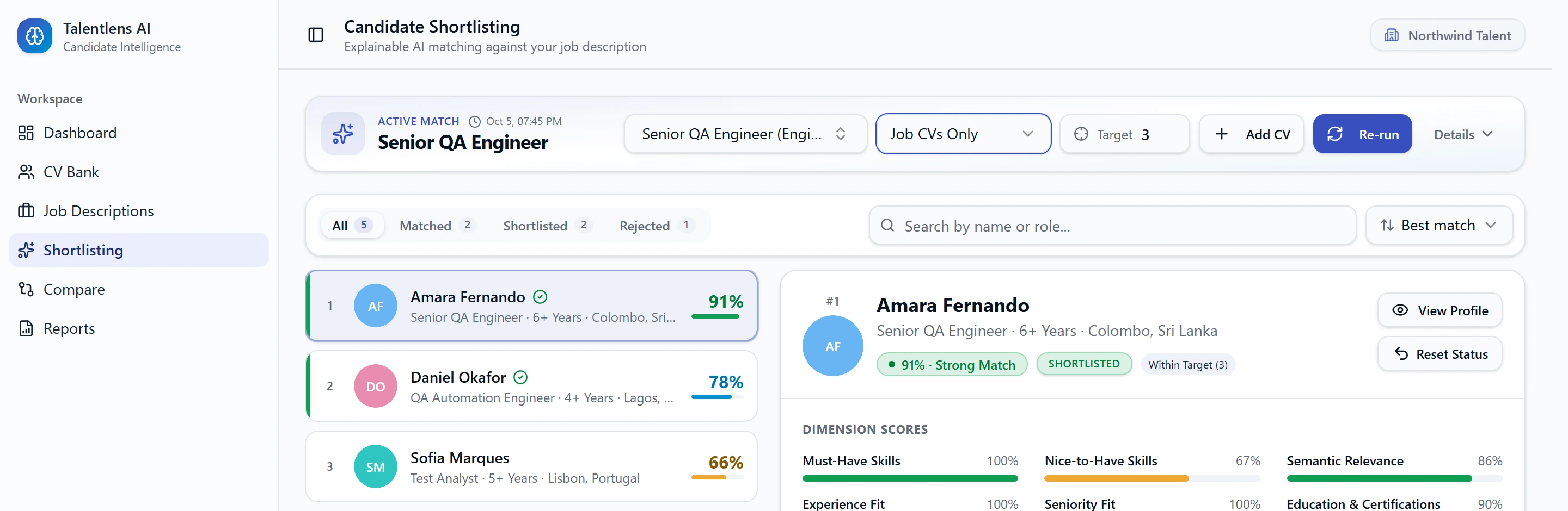 The Shortlisting screen with the scope list open, showing Whole CV Bank and Job CVs Only