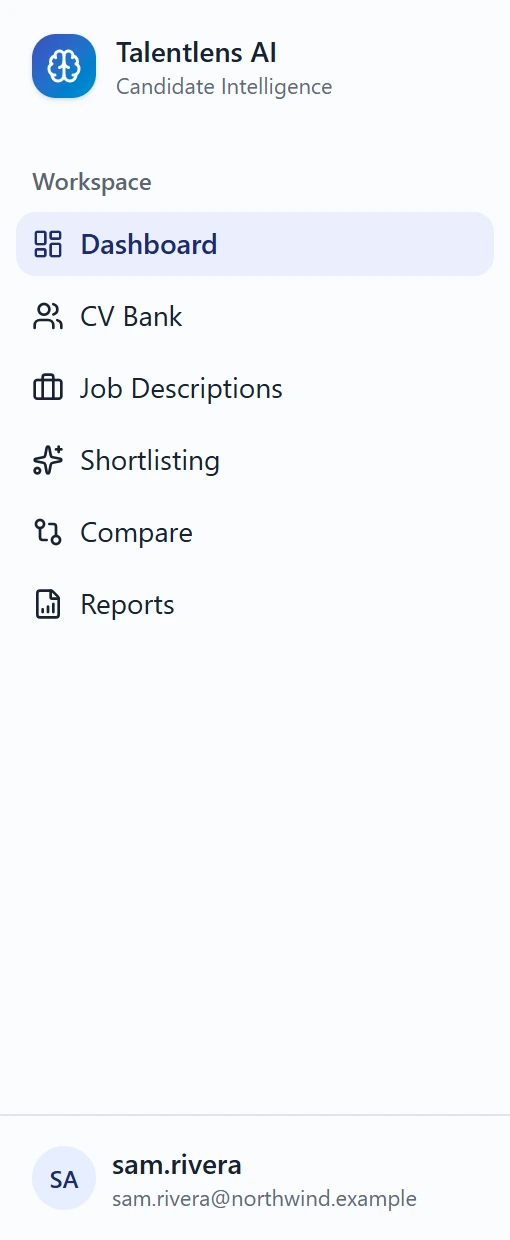 The sidebar, showing Dashboard, CV Bank, Job Descriptions, Shortlisting, Compare and Reports